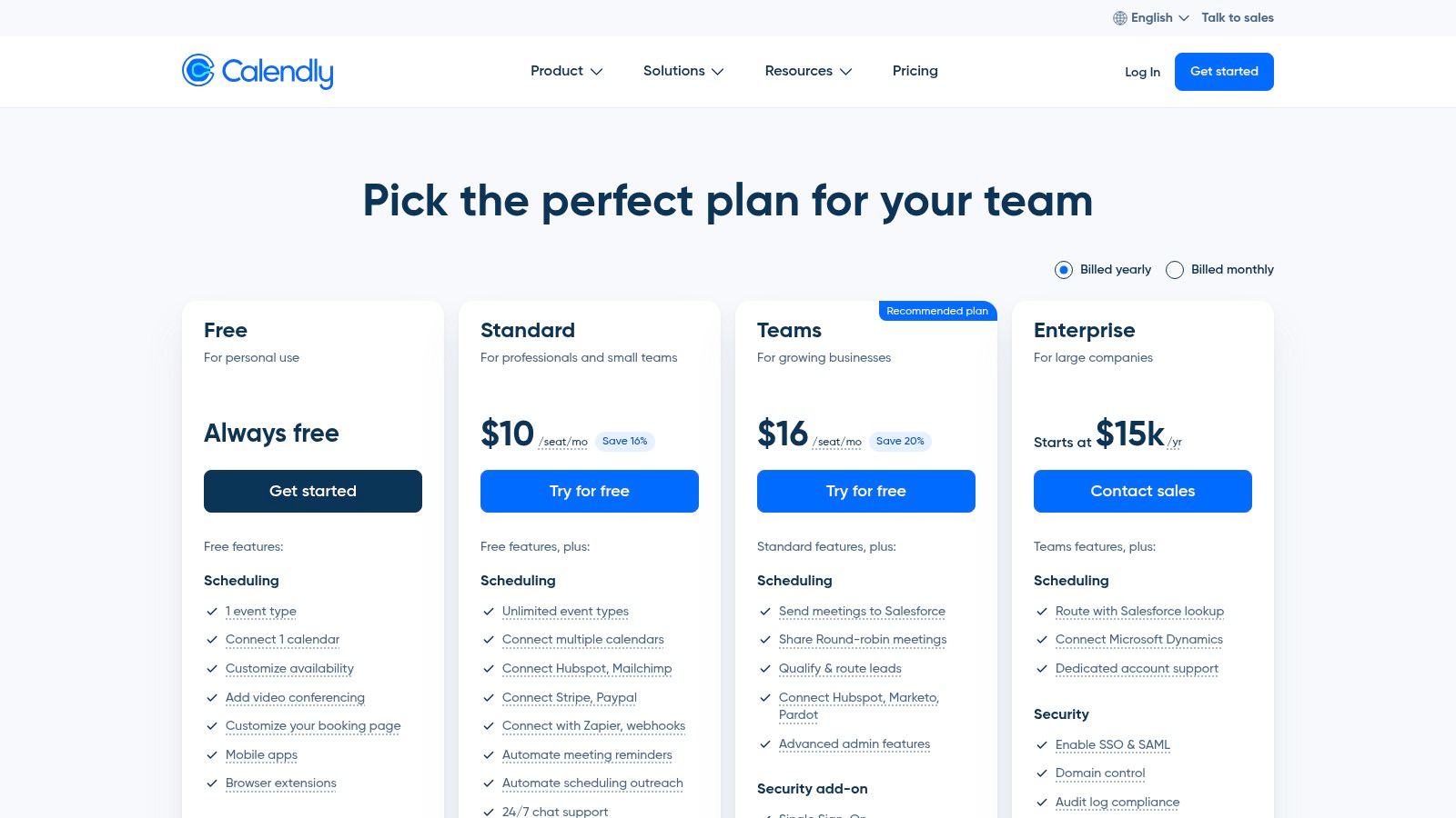 Calendly pricing plans showing Free, Standard, Teams, and Enterprise tiers