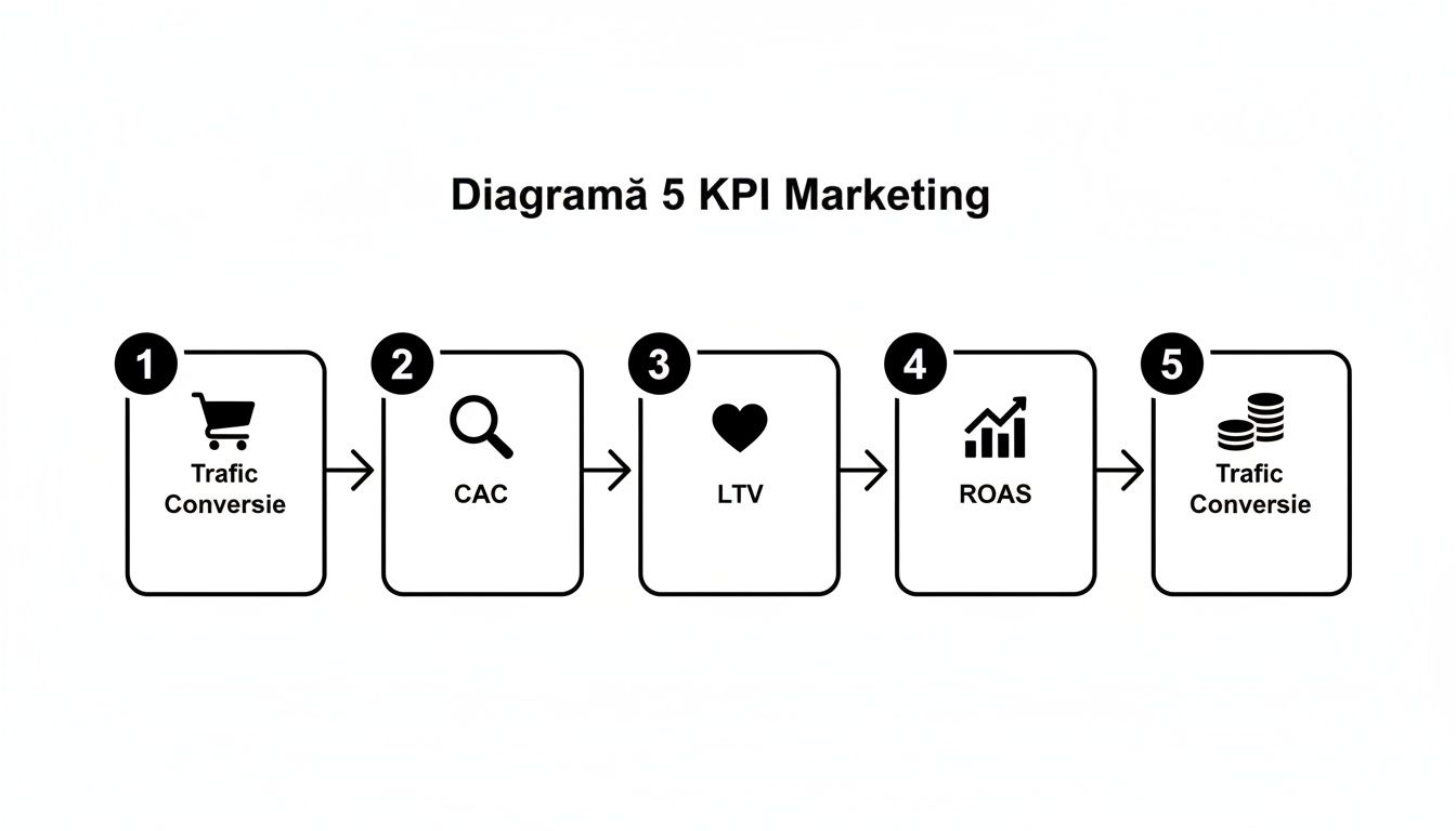 Diagramă explicativă a cinci indicatori cheie de performanță (KPI) în strategia de marketing.