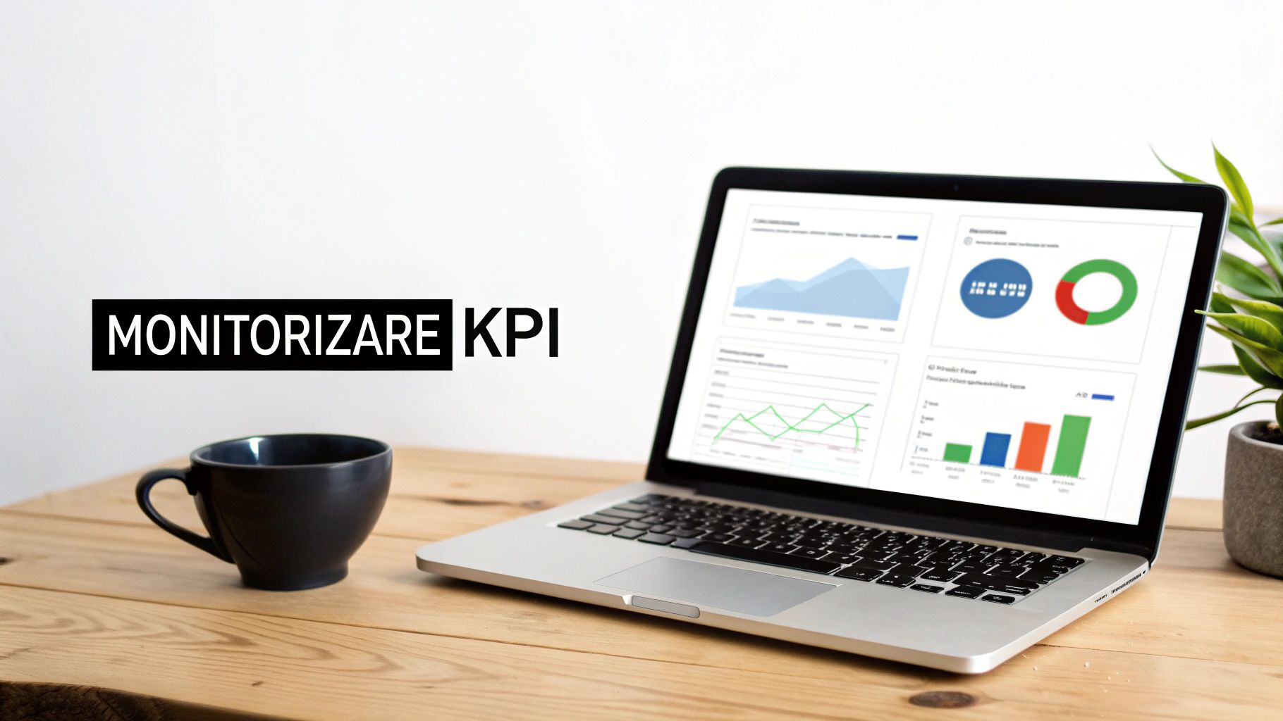 Imagine cu un laptop pe un birou de lemn, afișând grafice și monitorizare KPI, alături de o ceașcă de cafea și o plantă.