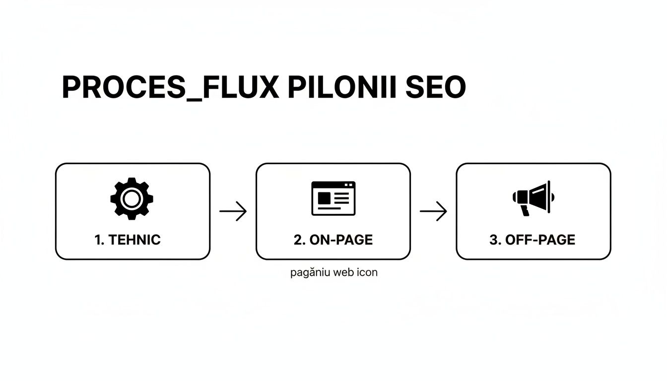 Diagramă flux care prezintă cei trei piloni principali ai SEO: Tehnic, On-Page și Off-Page.