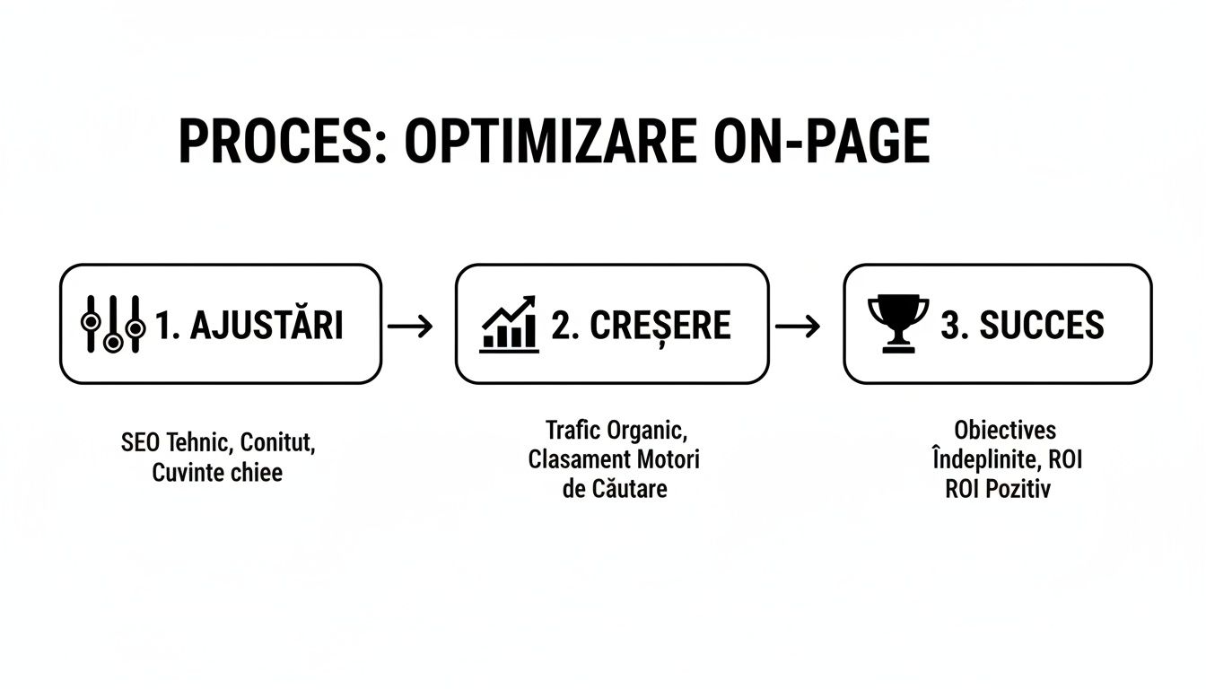Diagramă flux proces SEO on-page: ajustări tehnice, conținut, cuvinte cheie, rezultând trafic organic, clasament și succes.
