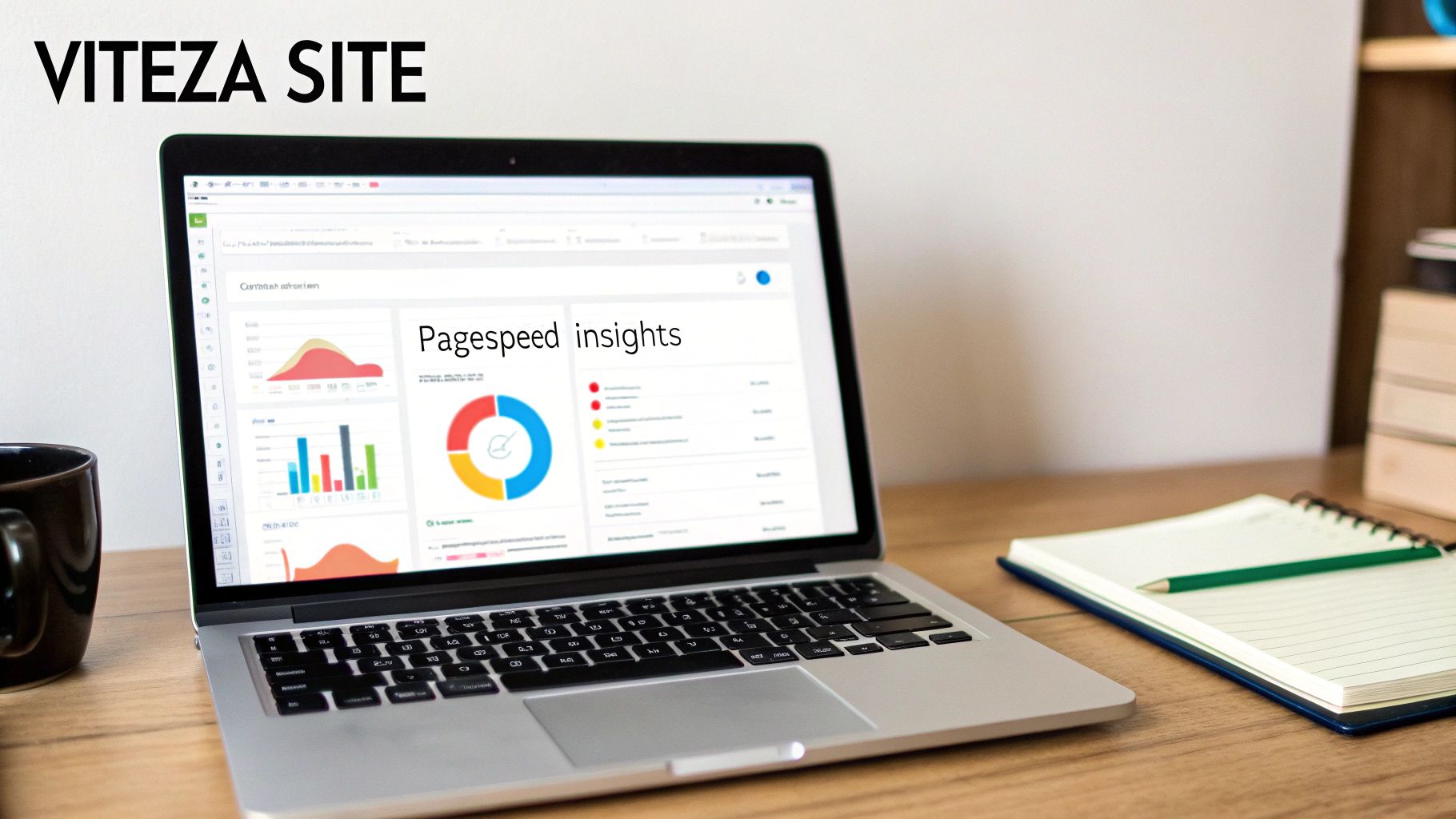 Un laptop pe un birou de lemn afișând analize Pagespeed cu grafice, însoțit de o cană de cafea și un caiet. Recomandat pentru optimizare SEO.