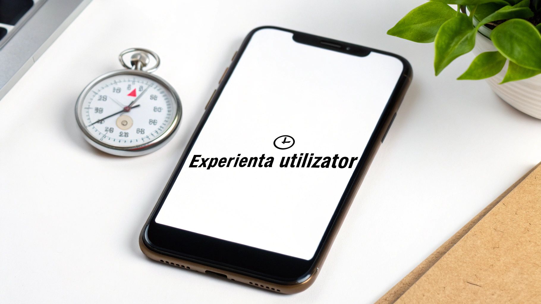 Un smartphone afișând "Experiența utilizatorului" alături de un cronometru, laptop și plantă pe un birou alb.