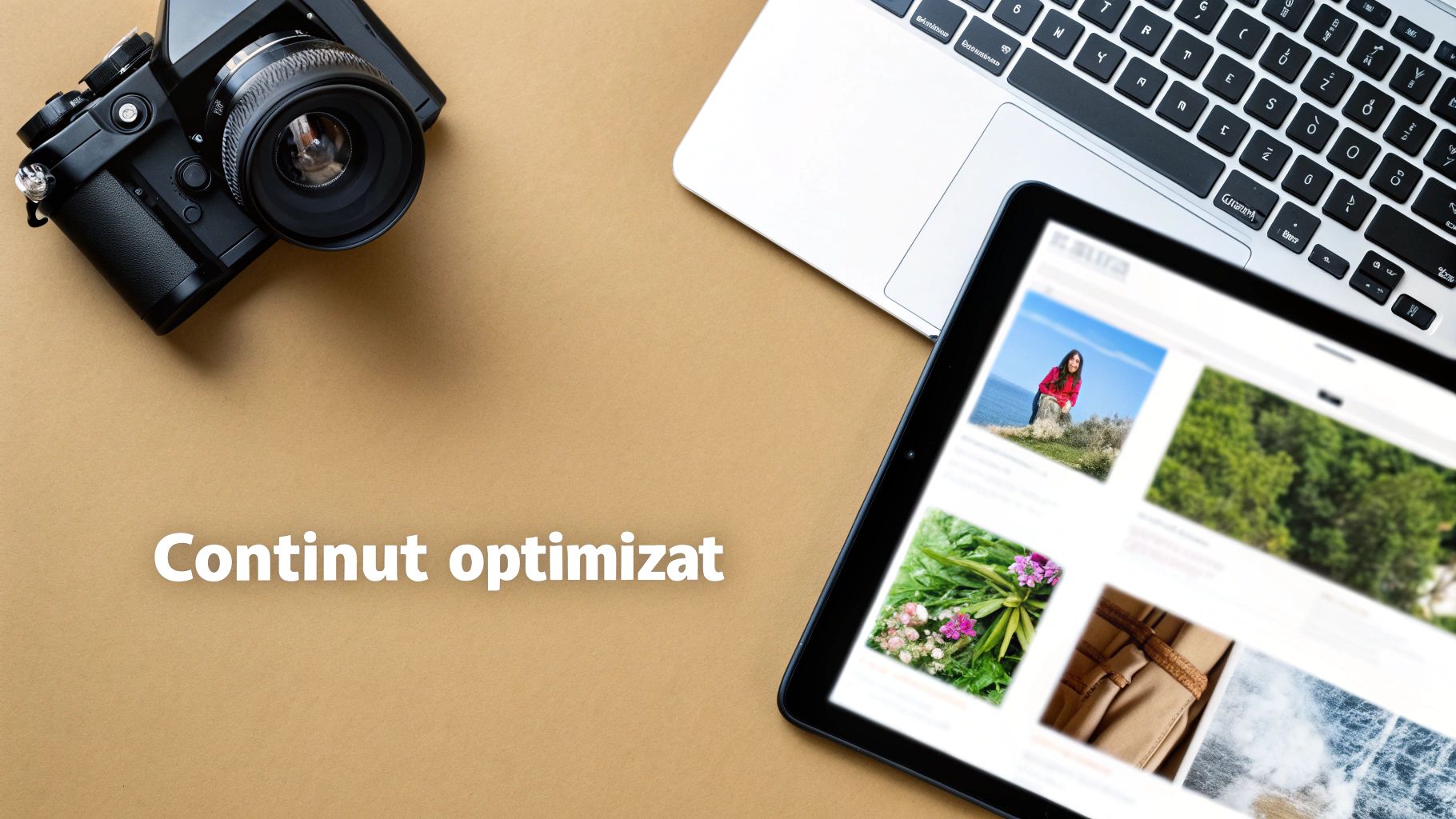 O imagine de ansamblu a unui spațiu de lucru cu o cameră foto, laptop și tabletă afișând conținut optimizat.