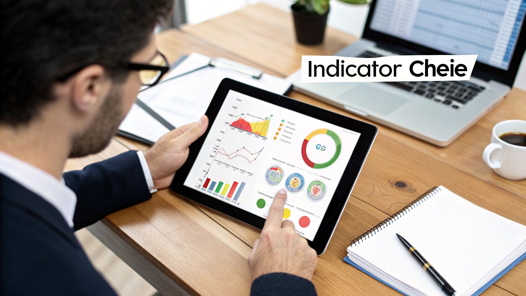 Un bărbat analizează indicatori cheie pe o tabletă, cu grafice și diagrame, într-un birou modern.