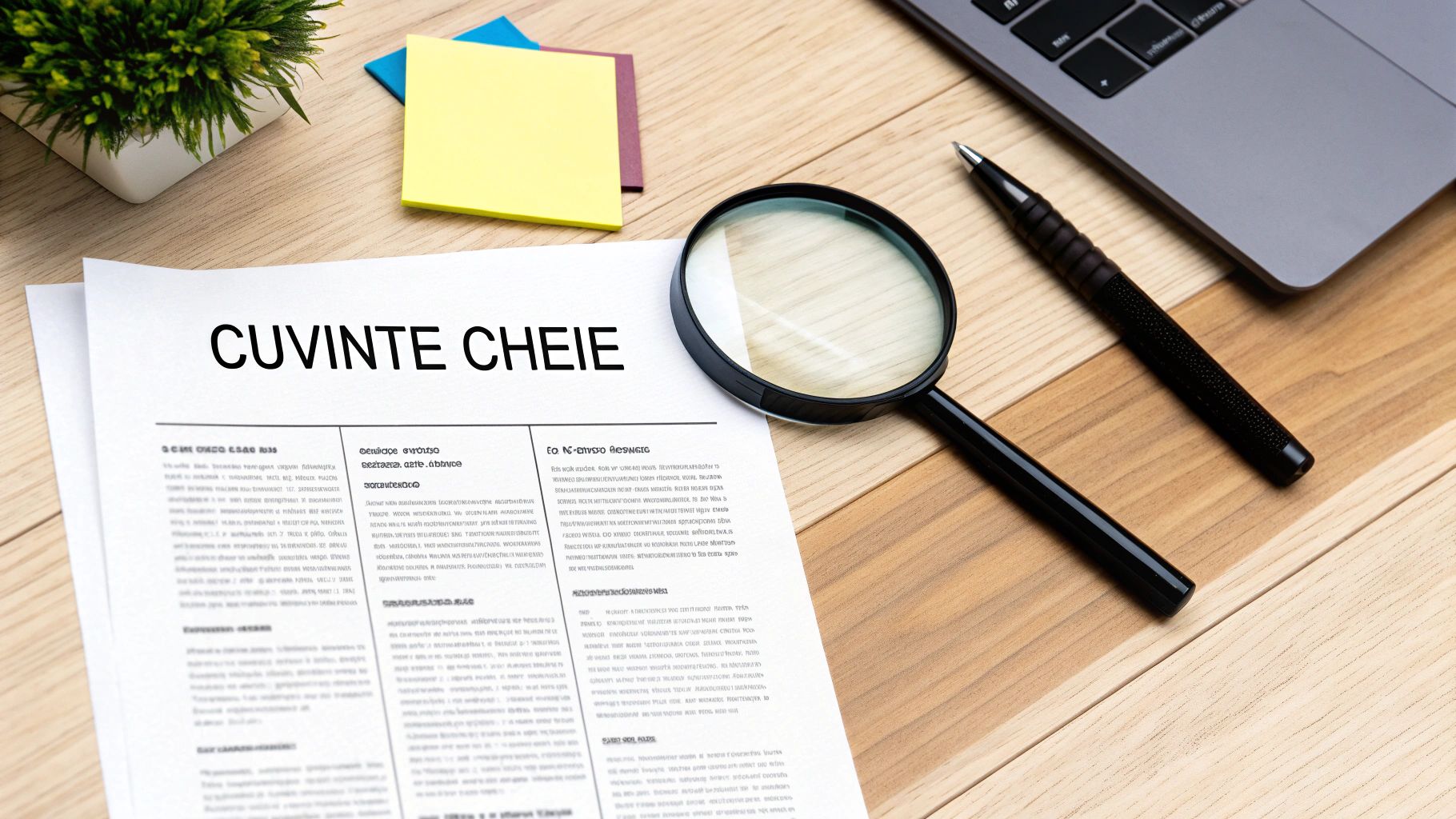 Document cu 'CUVINTE CHEIE', lupă și stilou pe o masă de lemn, sugerând cercetare SEO.