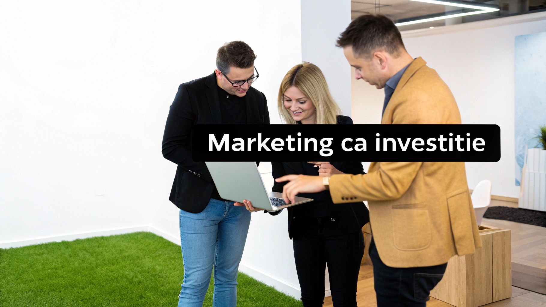 Trei colegi profesioniști analizează conținutul unui laptop într-un birou modern, cu textul „Marketing ca investiție”.