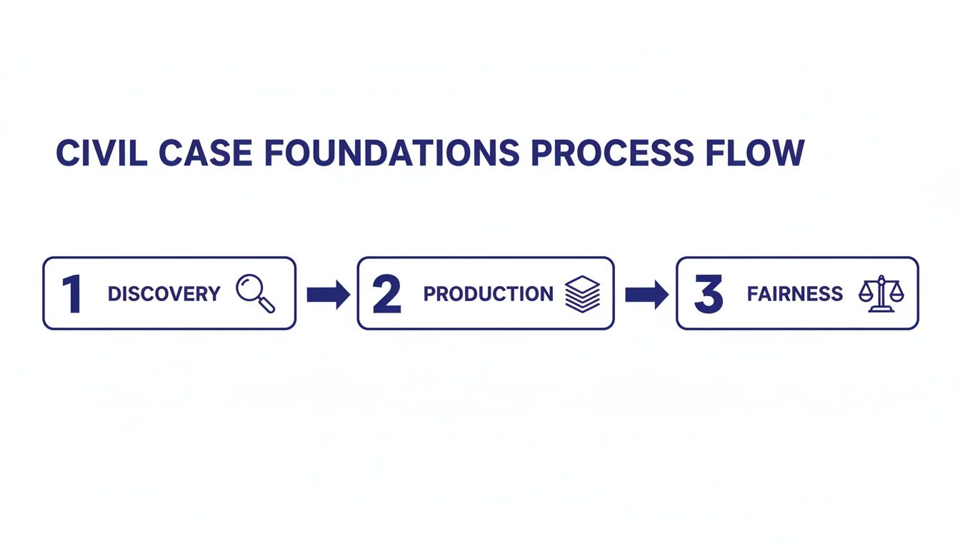 A civil case foundations process flow with three steps: discovery, production, and fairness.