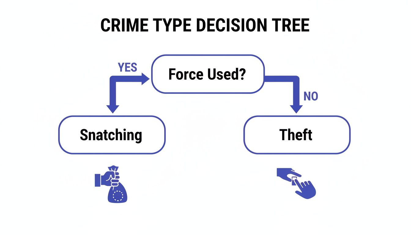 Flowchart illustrating crime type decision based on 'Force Used?', classifying as 'Snatching' or 'Theft'.