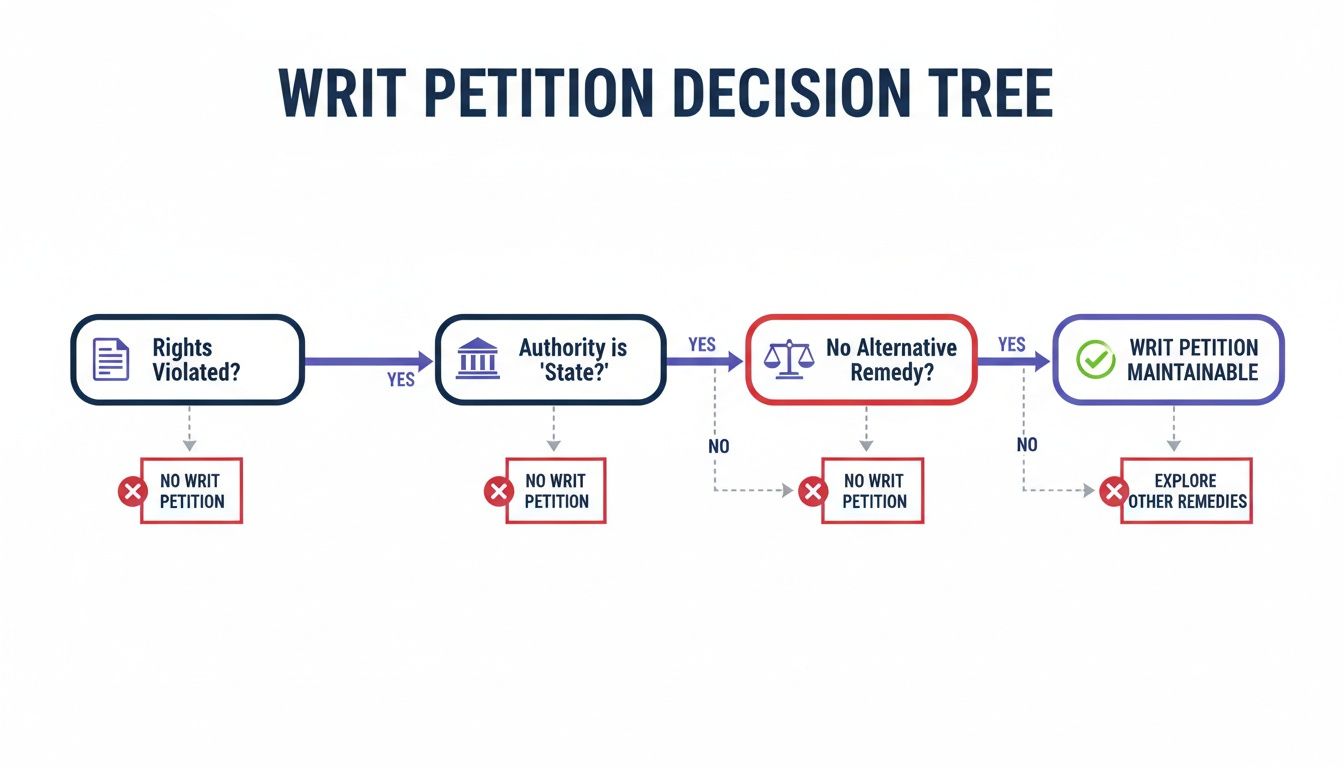 A writ petition decision tree flowchart illustrating the legal process and conditions for maintainability.