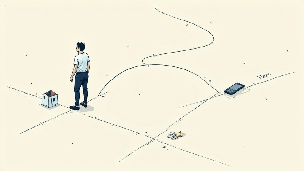 A man stands at a crossroads, looking between a miniature house and a distant smartphone.