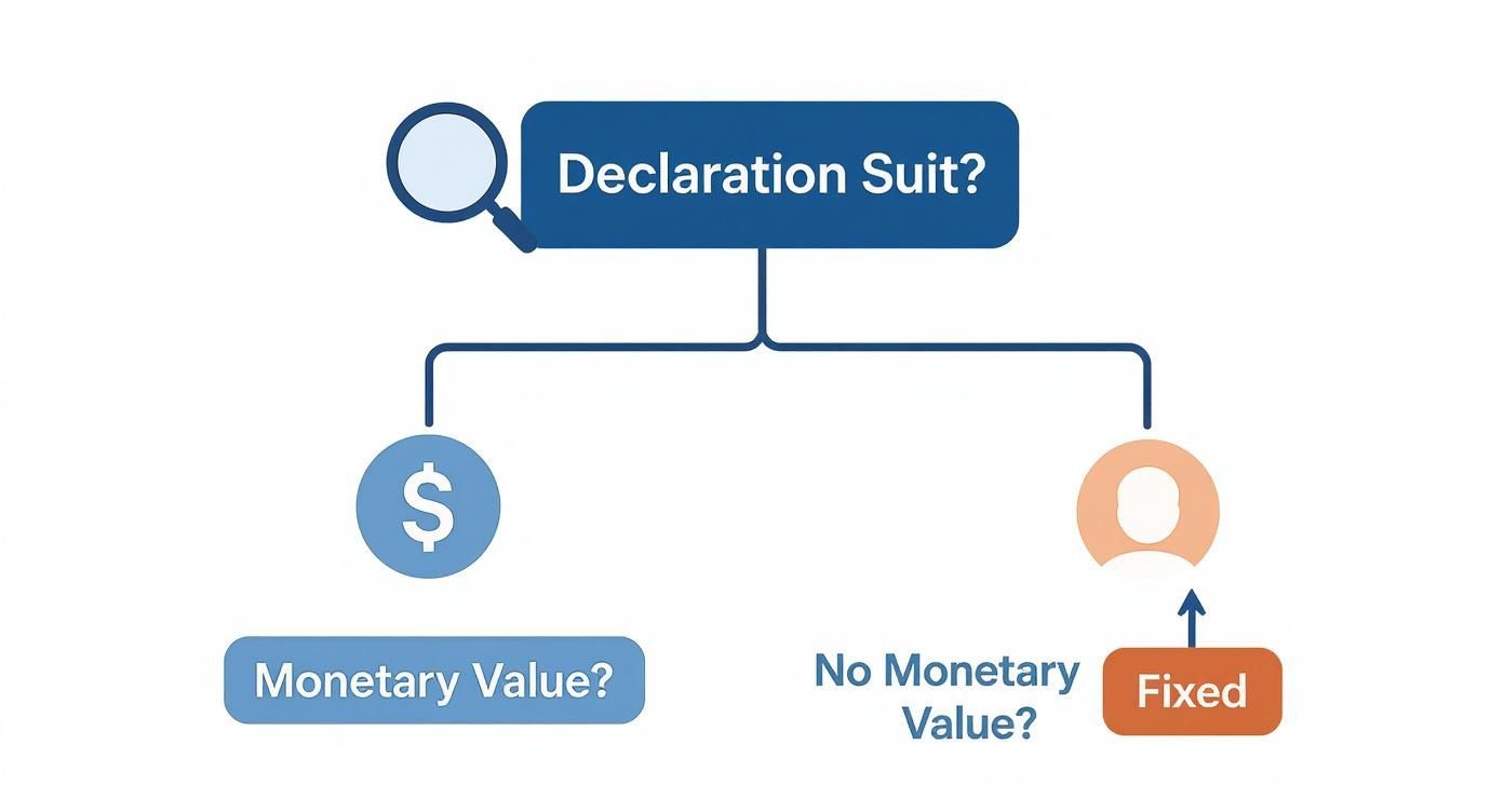 Flowchart illustrating declaration suit types: monetary value with a dollar sign, and no monetary value leading to fixed fees.