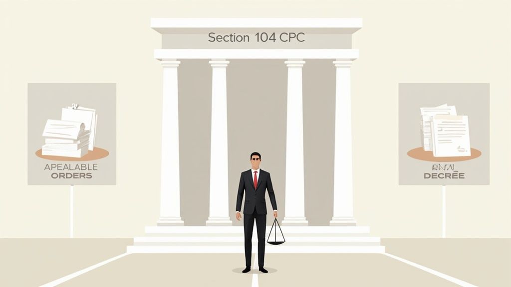 Illustration of a lawyer before a courthouse facade, comparing appealable orders and final decrees under Section 104 CPC.