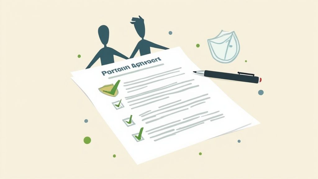 A group of business partners discussing a legal document around a table.