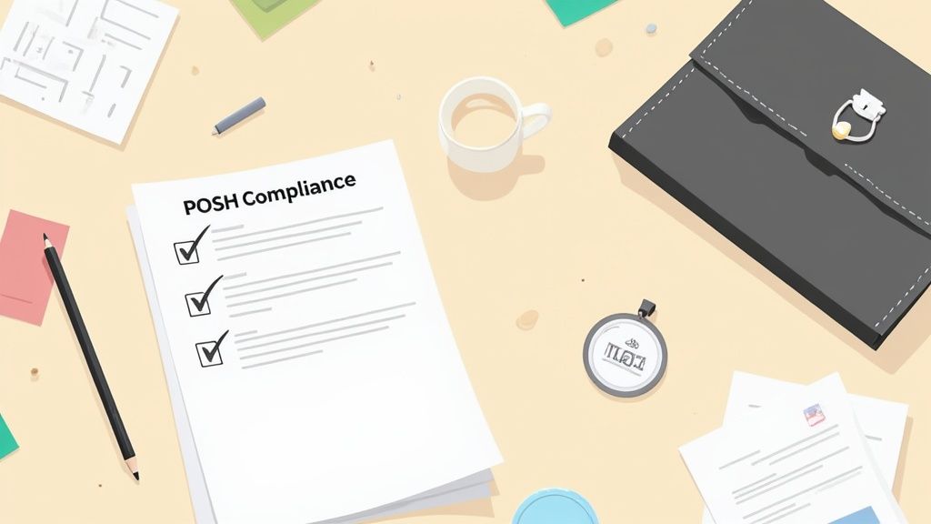 Flat lay of a desk with a 'POSH Compliance' checklist, pencil, coffee mug, and folder.