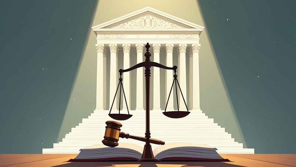 Scales of justice and gavel before illuminated courthouse symbolizing constitutional law and judicial authority