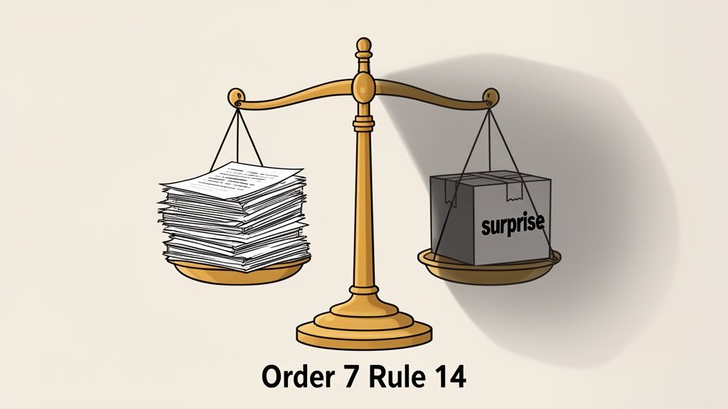 A scale of justice balancing a stack of papers and a box labeled 'surprise', with 'Order 7 Rule 14' below.
