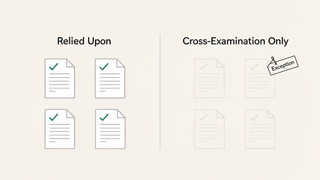 Illustration comparing relied upon documents with checked icons versus cross-examination only documents, highlighting one exception.