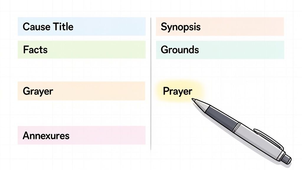 Diagram showing legal document components: Cause Title, Facts, Synopsis, Grounds, and Prayer, with a pen highlighting Prayer.