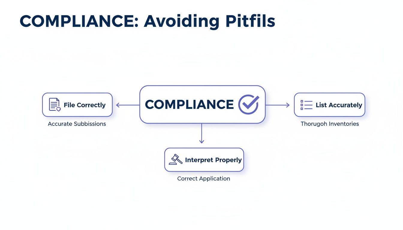 A flowchart titled 'COMPLIANCE: Avoiding Pitfalls' showing three key actions: File Correctly, List Accurately, and Interpret Properly.