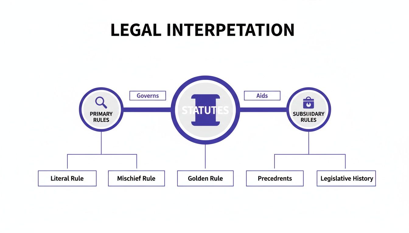 Diagram illustrating legal interpretation methods: primary rules, subsidiary rules, and their application to statutes.