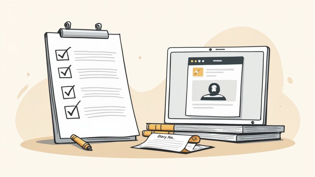 An illustration showing a clipboard with a checklist, a pen, a laptop, books, and a paper. Represents tasks or administrative work.