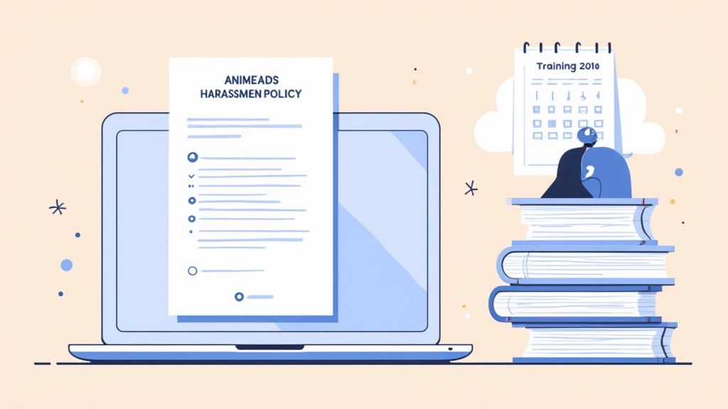 A laptop displays a harassment policy document, with a calendar showing "Training 2010" and a stack of books.