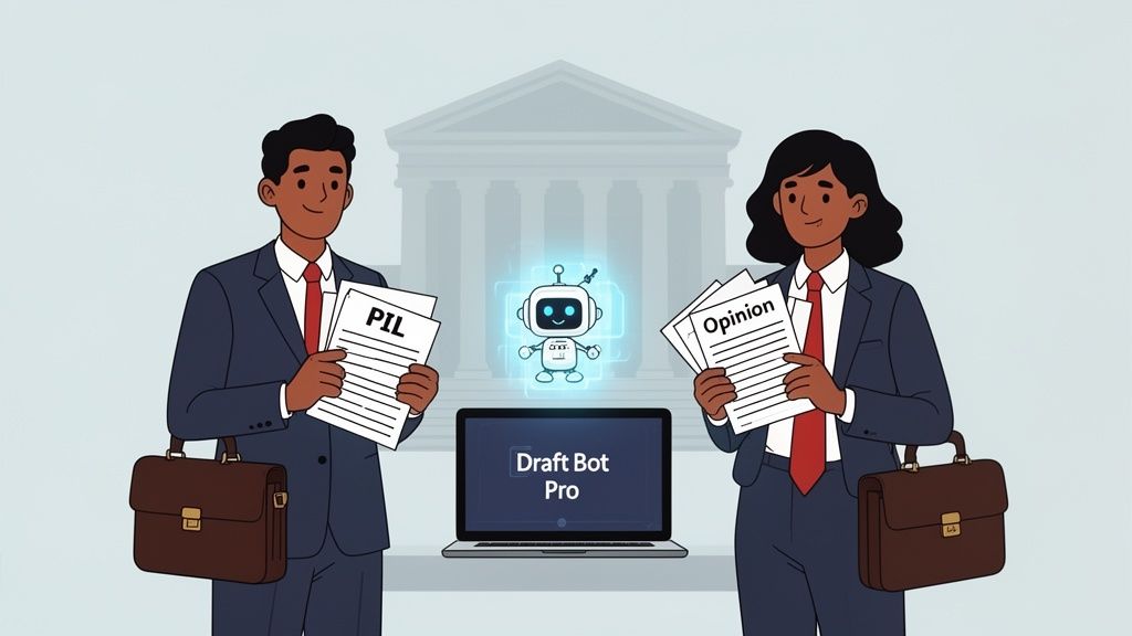 Two lawyers using a laptop with an AI bot for drafting legal documents like PIL and opinions.
