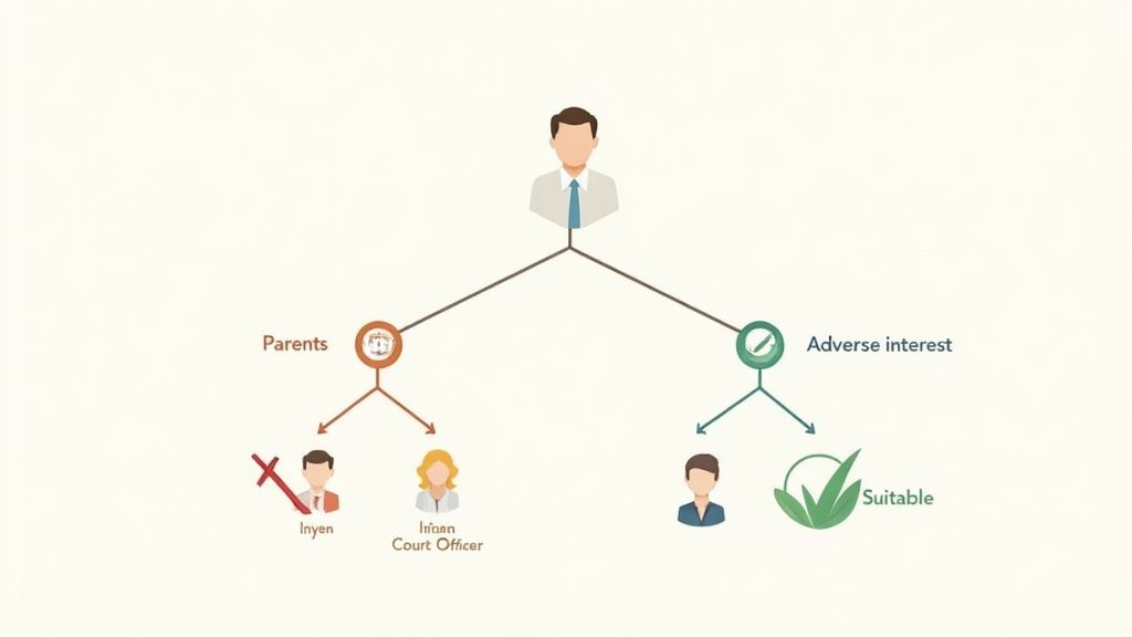 A diagram showing a person's connections to parents and potential adverse interests, distinguishing suitable outcomes.