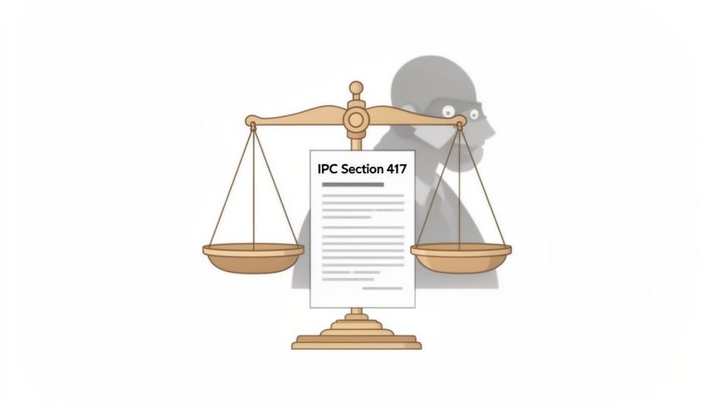 Illustration of scales of justice balancing a document titled IPC Section 417, with a shadowy figure.