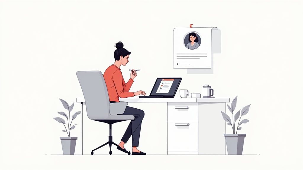An illustration of a woman working on a laptop at a desk with a plant and a framed picture.
