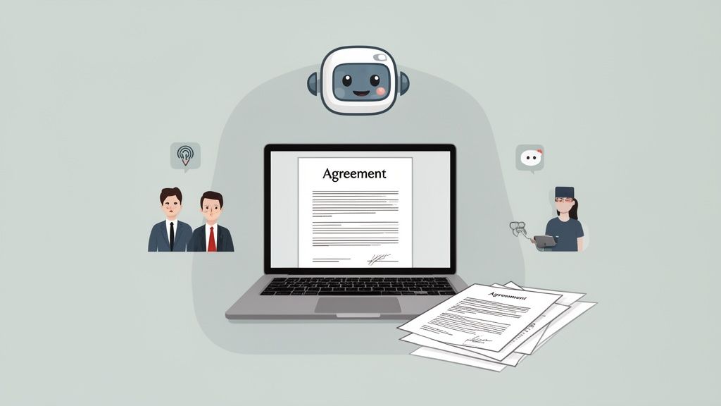 Digital and physical agreement documents managed by a robot, businessmen, and a professional with a laptop.