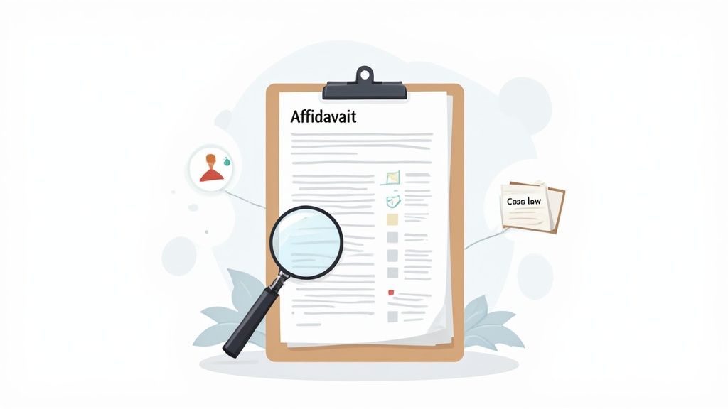 An affidavit document on a clipboard being reviewed with a magnifying glass, alongside case law notes.