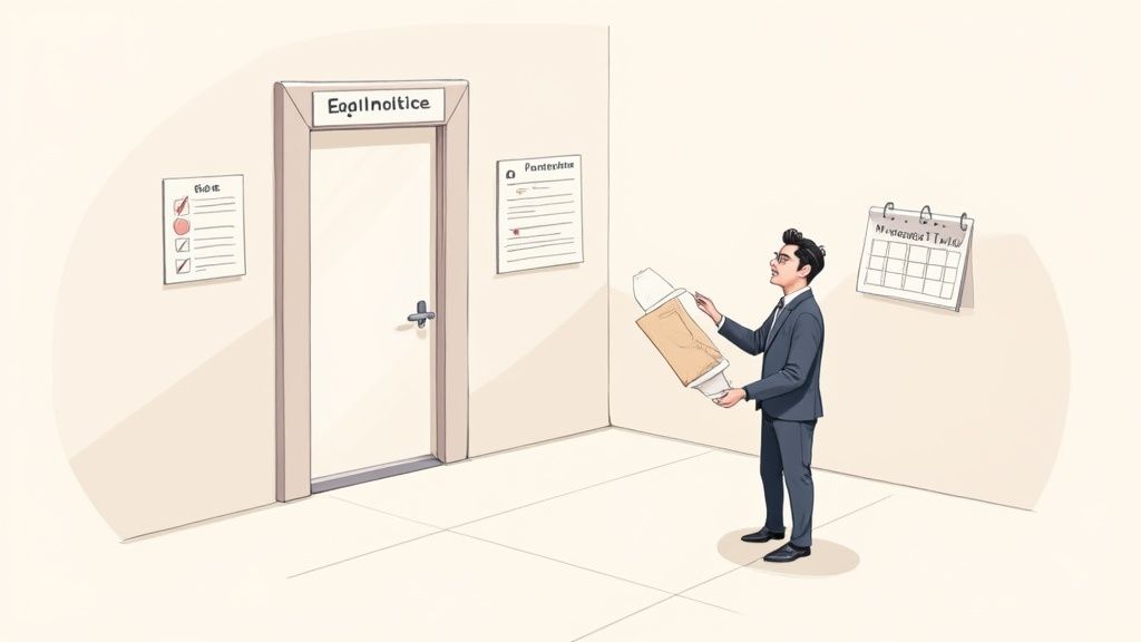 Two people at a desk, one looking at legal papers and a laptop screen, representing the pre-court planning stage.