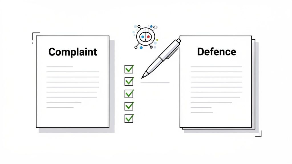 Documents labeled 'Complaint' and 'Defence' with a pen, checkmarks, and a process icon.