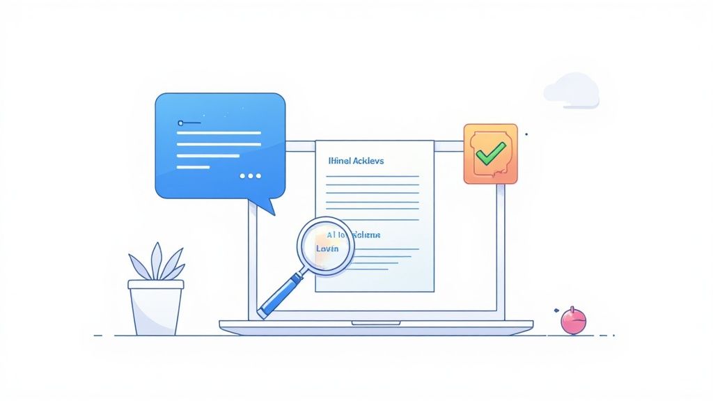 Digital document review on a laptop screen with a magnifying glass, chat bubble, and checkmark icon.