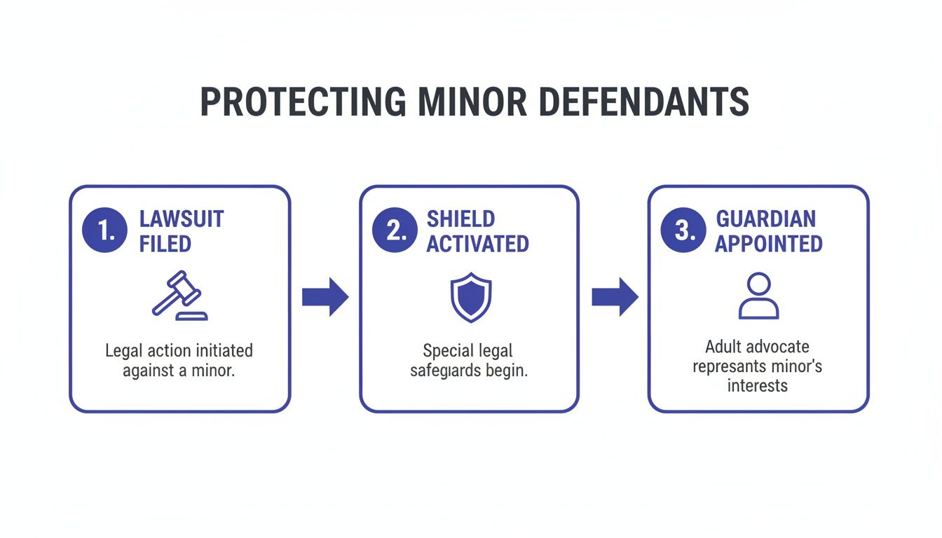 Flowchart illustrating the three-step process for protecting minor defendants in legal actions.