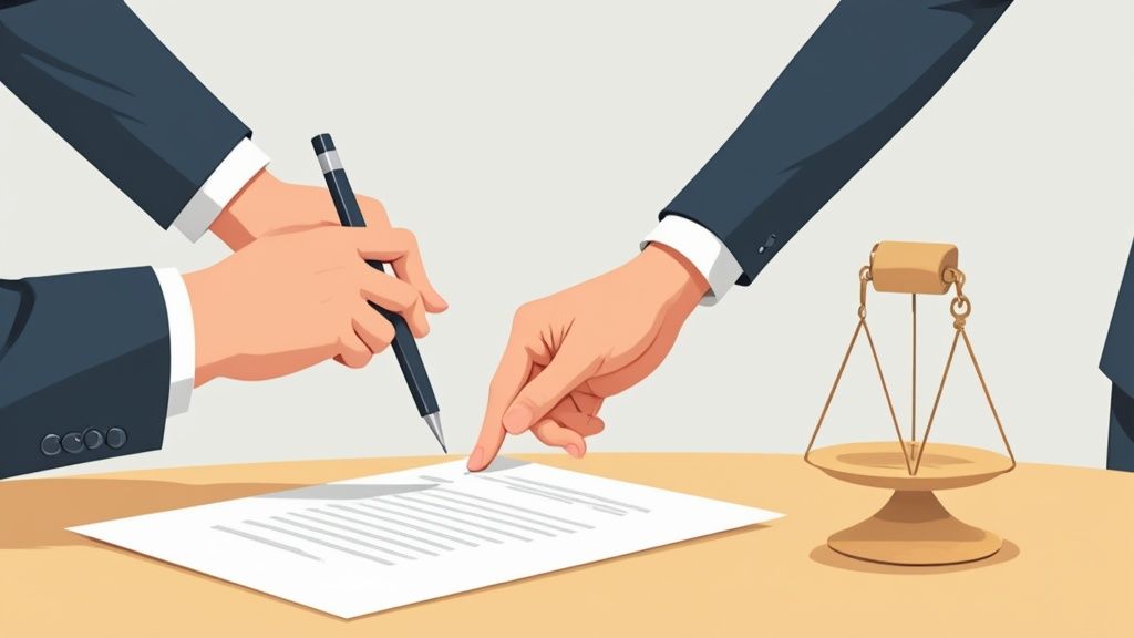 Business professionals reviewing contract document with pen and scales of justice representing legal agreement