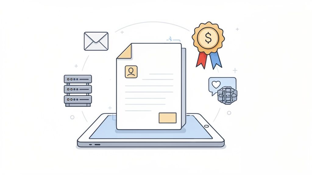A digital document on a tablet screen surrounded by icons for email, servers, award, and data processing.