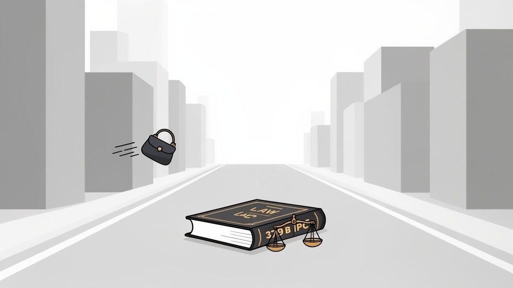 A flying handbag and a law book open to 379B IPC on a city street.