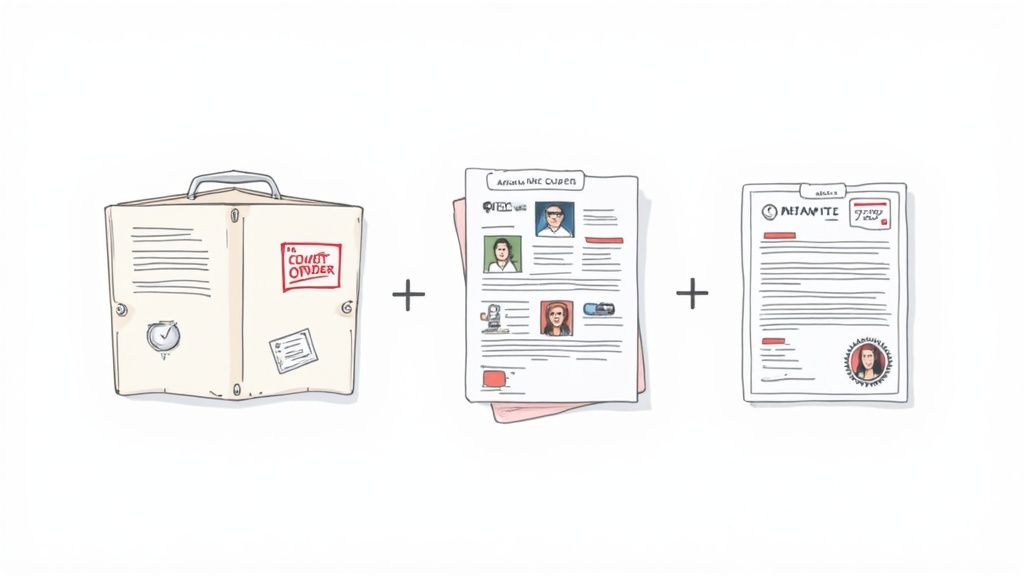 A person organising legal documents and evidence into a file folder, representing case preparation