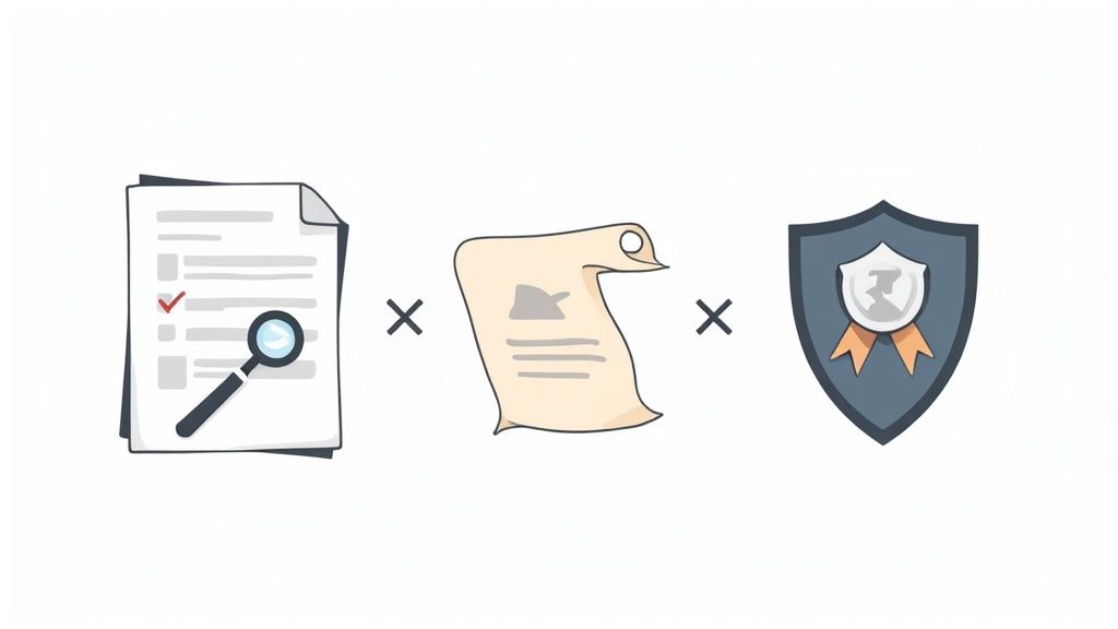 Illustration showing document review, an official scroll, and a shield with a certification badge.