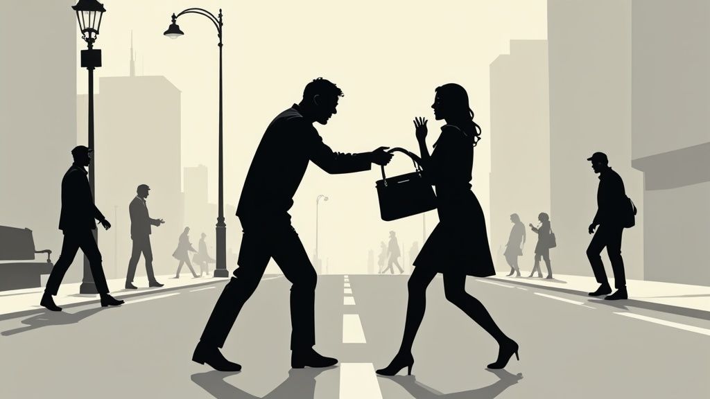 Silhouette of a man attempting to snatch a purse from a woman on a busy city street.
