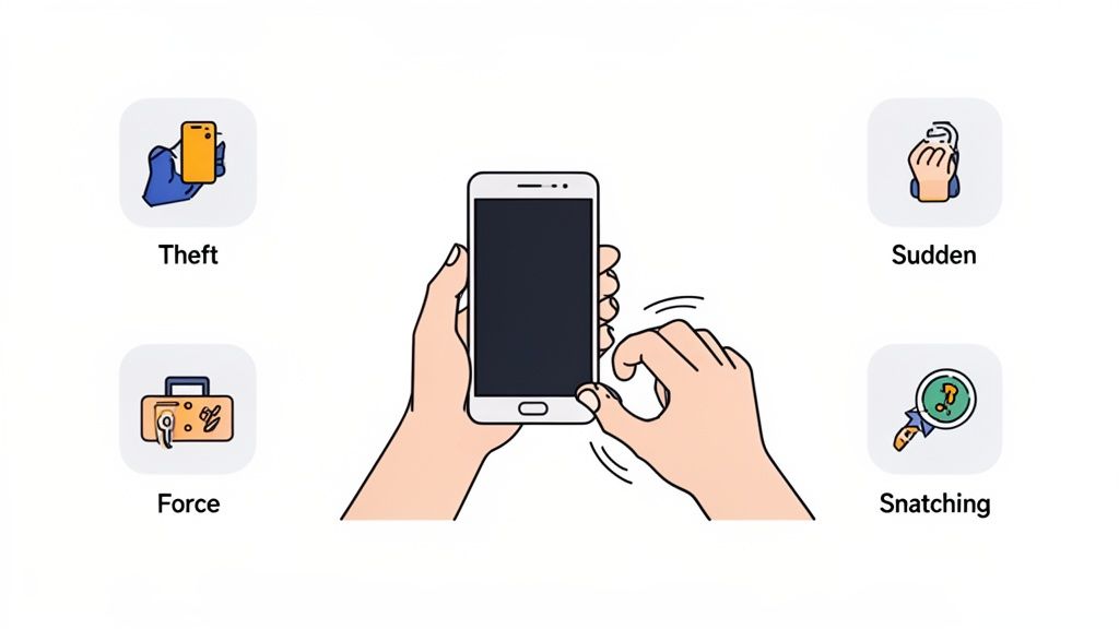 Illustration of phone security features against theft, sudden loss, force, and snatching.