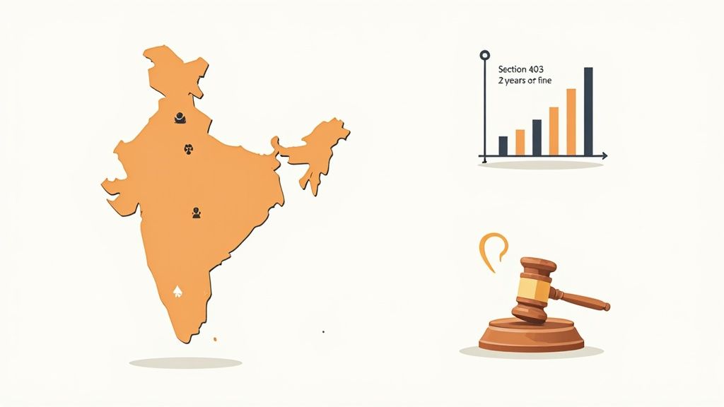 An infographic showing India's map with symbols, a bar chart mentioning Section 403 law, and a judge's gavel.
