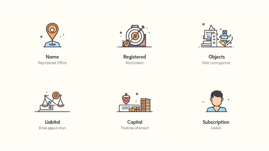 Six flat design icons representing legal and business concepts: name, registered, objects, liabital, capital, subscription.