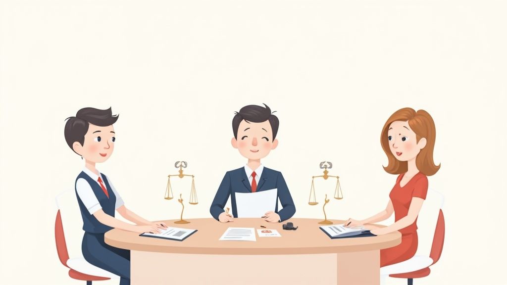 Legal professionals discussing a domestic enquiry in an office setting