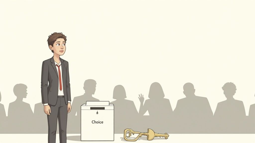 A young man in a suit stands next to a 'Choice' box and a golden key.