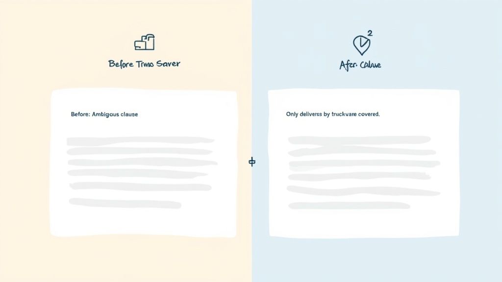 Before and after comparison of an ambiguous legal clause streamlined by a time saver.