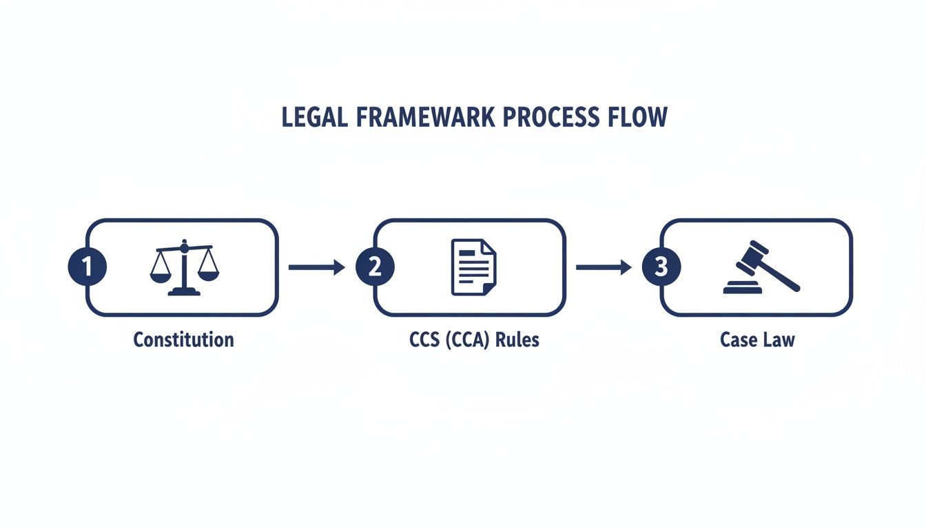 Diagram showing a legal framework process flow: Constitution, followed by CCS (CCA) Rules, then Case Law.